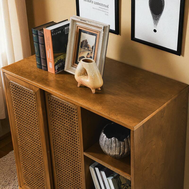 Mid-Century Rattan Sideboard Buffet Cabinet with Adjustable Shelves and Solid Wood Legs for Kitchen or Entryway