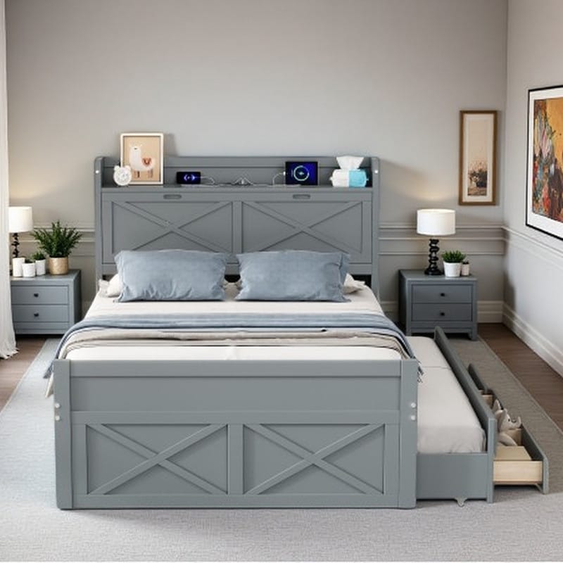 Full Size Wooden Bed with Storage Headboard & Built-In Outlets, Extendable Twin Trundle & 3 Storage Drawers Design