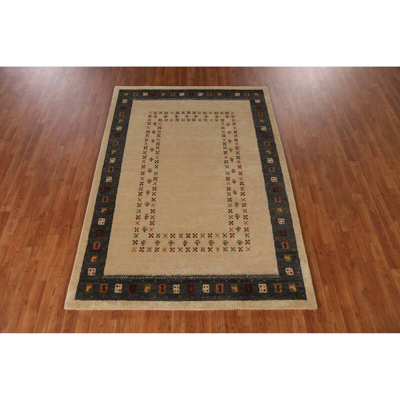 Geometric Beige Gabbeh Area Rug Hand-Tufted Wool Carpet - 5'3" x 7'7"