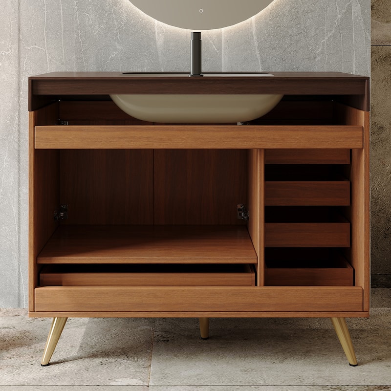 36" Bathroom Vanity with Faux Marble Top & Ceramic Sink, 5-Drawer Storage Cabinet with Stainless Steel Legs