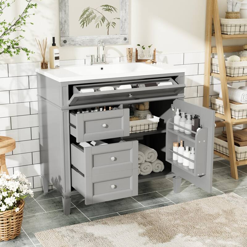 30''/36'' Bathroom Vanity with Top Sink, Modern Bathroom Storage Cabinet with 2 Drawers, a Tip-out Drawer & Adjustable Shelf