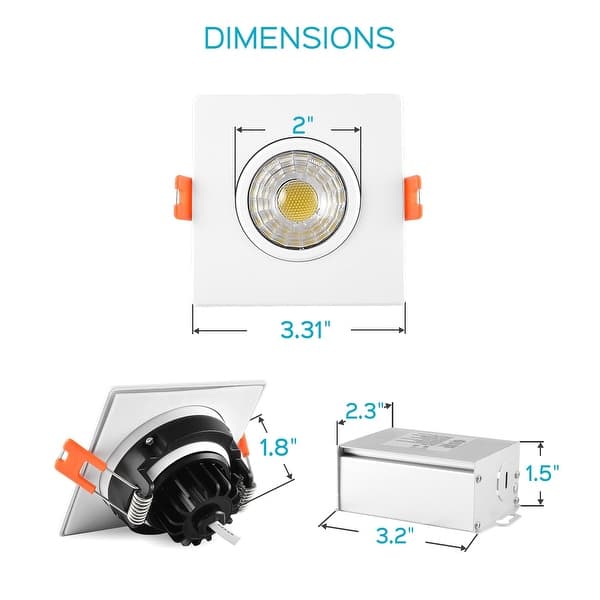 Luxrite 3 Inch Gimbal LED Square Recessed Adjustable Light with JBox, 8W, 600lm, Dimmable