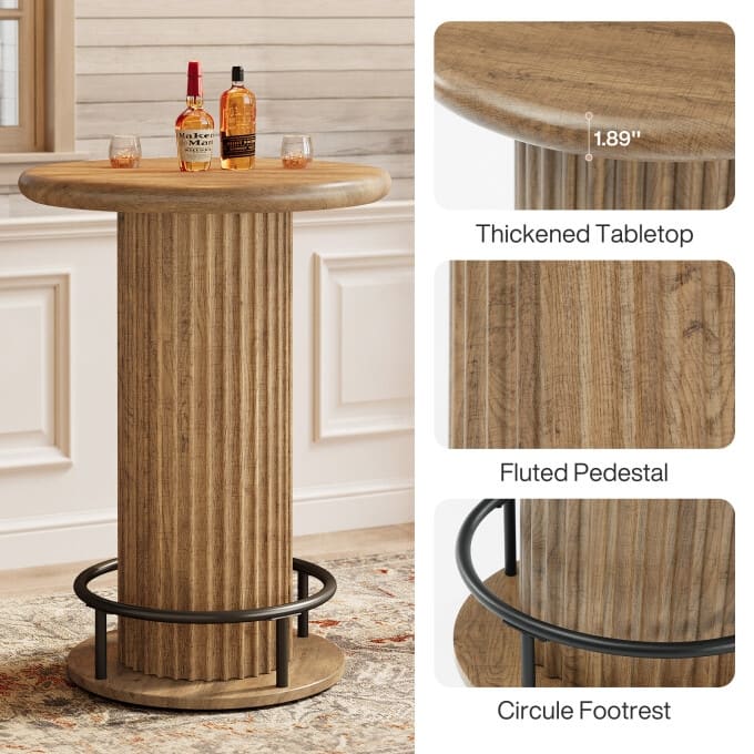 Wooden Round Counter Height Bar Table, Fluted Bistro High Pub Table