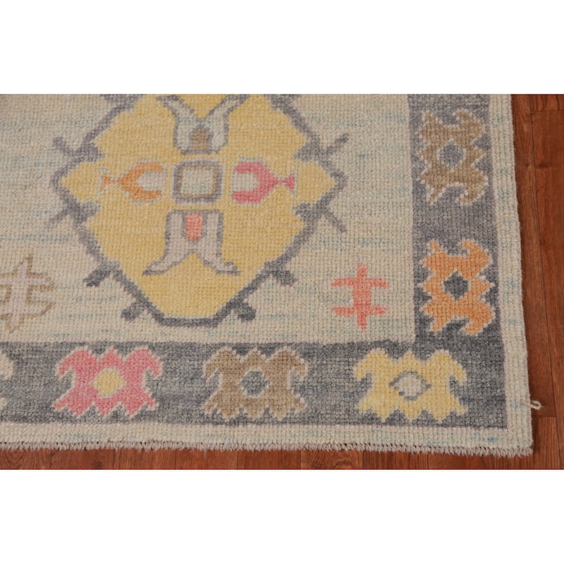 Hand Knotted Oriental 100% Wool Carpet Transitional Geometric Beige & Ivories Oushak Runner Rug - 9' 2'' X 3' 1''
