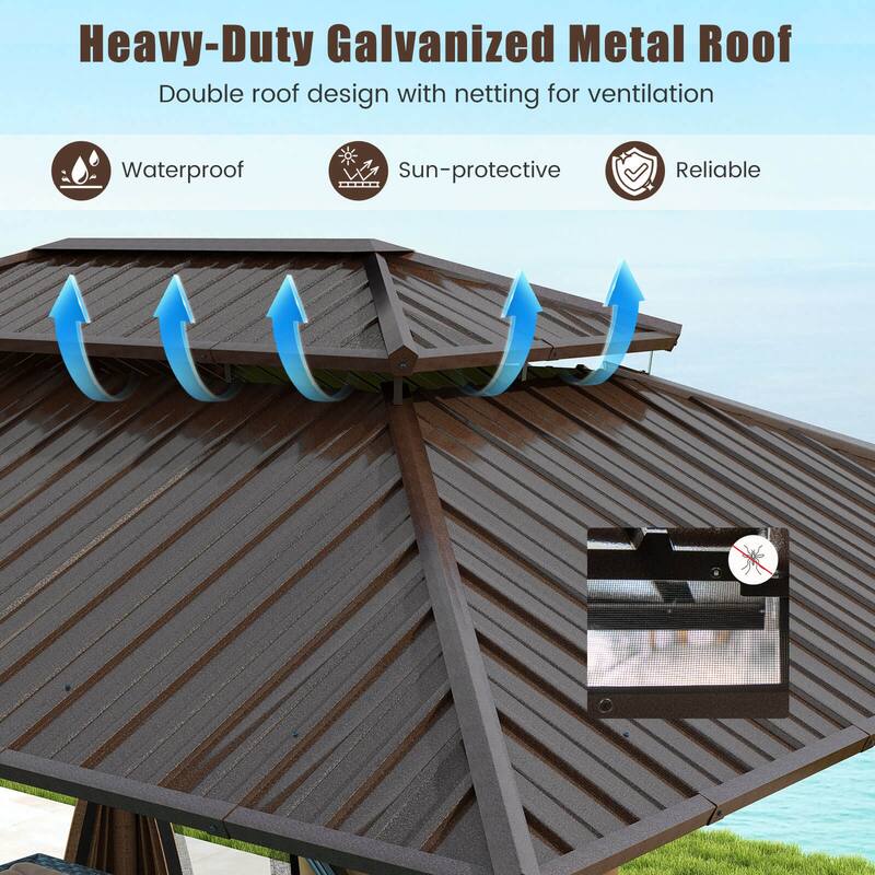 Costway 16 x 12 FT Hardtop Gazebo with Netting Heavy-Duty Double-Roof - Coffee - See Details