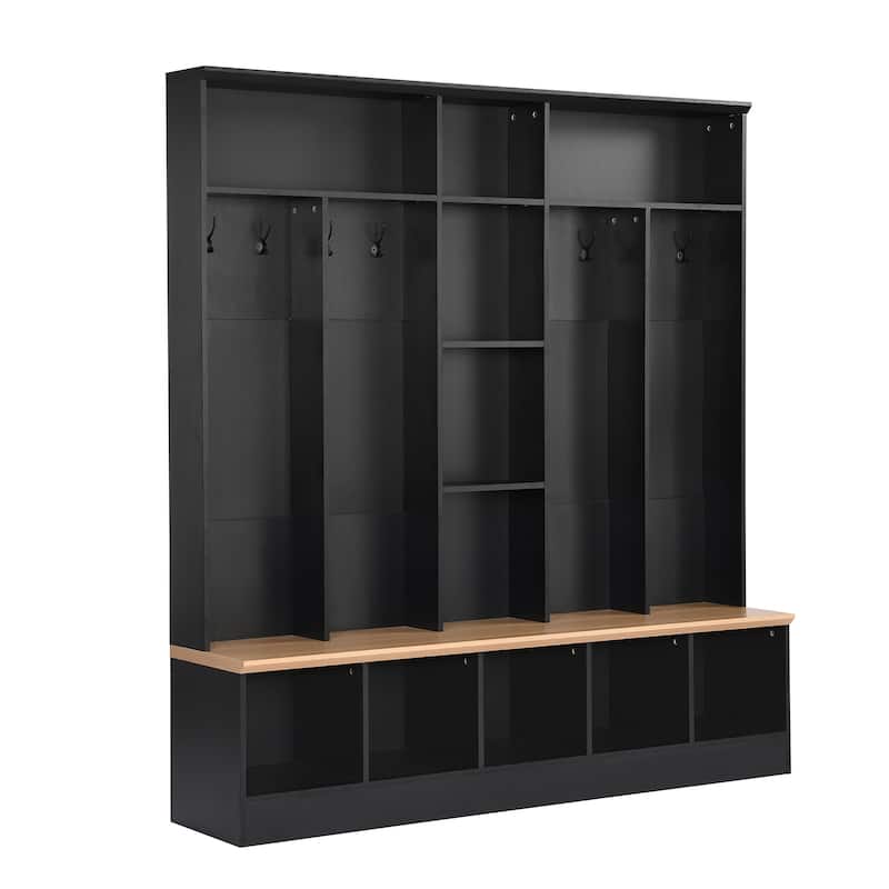 Roomfitters Modern Wide Hall Tree with Bench, Multifunctional Mudroom Shoe Cabinet with Shelves and 8 Hooks