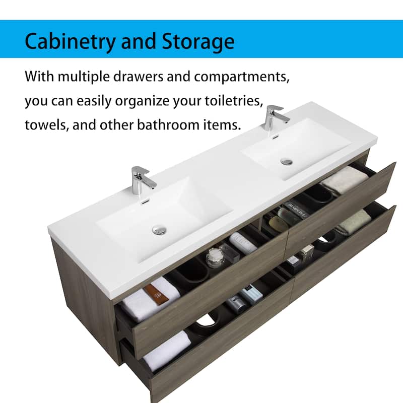 Wall 72" Floating Bathroom Vanity with Sink & and 4 Soft Close Drawers,White/Oak/Grey - 72 inch