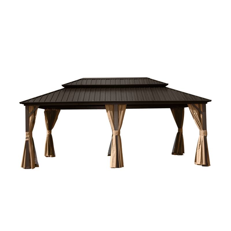 12' x 18' Outdoor Aluminum Hardtop Gazebo with Galvanized Steel Double Roof with Curtain and Netting - Brown