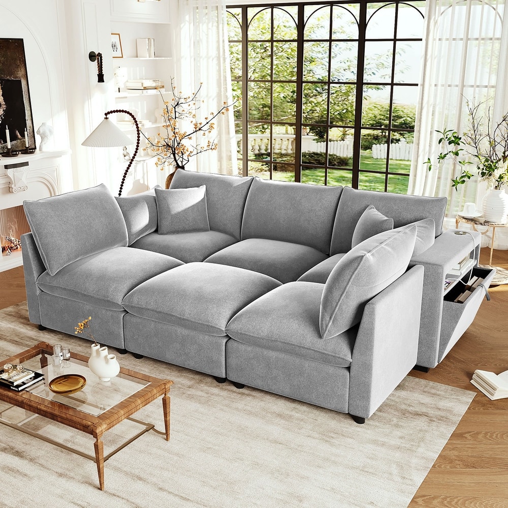 Smooth Chenille Sectional Sofa U-Shaped Modular Sofa Bed L-Shaped Couch with Movable Ottoman, Storage Armrests and USB Ports