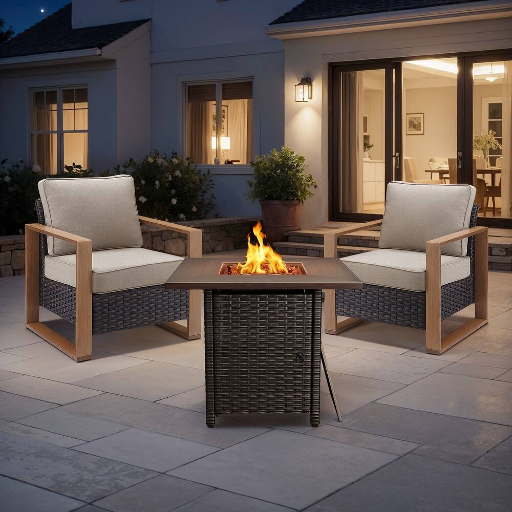 Meyreso 3-Piece Wicker Patio Conversation Set with Fire Pit & Plush 4.5" Olefin Cushions