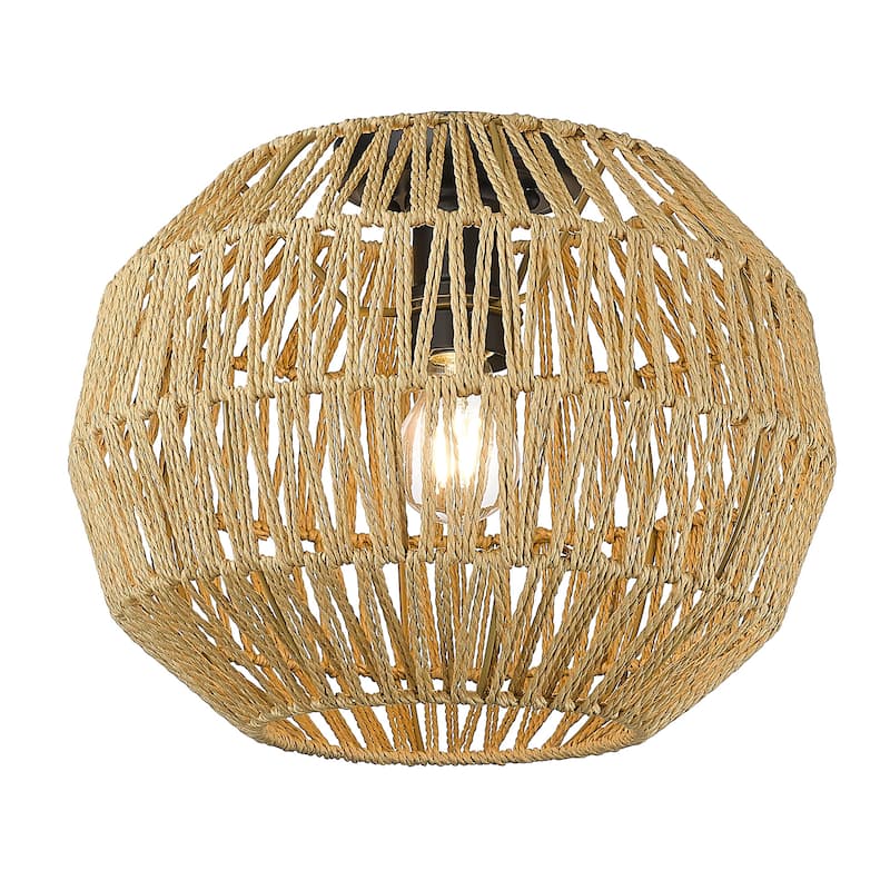 Golden Lighting 6933-FM BLK-NR Florence 14" Wide Flush Mount Globe - Matte Black / Natural Raphia