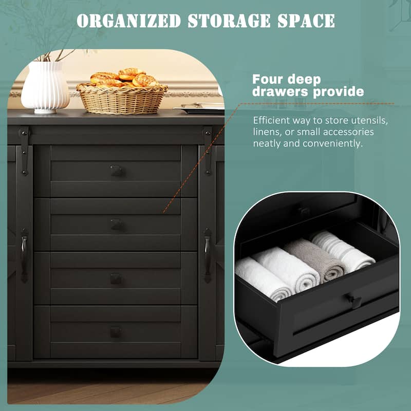 Sideboard with Sliding Barn Doors & 4 Storage Drawers, Wood Buffet Cabinet Table with Power Outlet & Adjustable Shelves