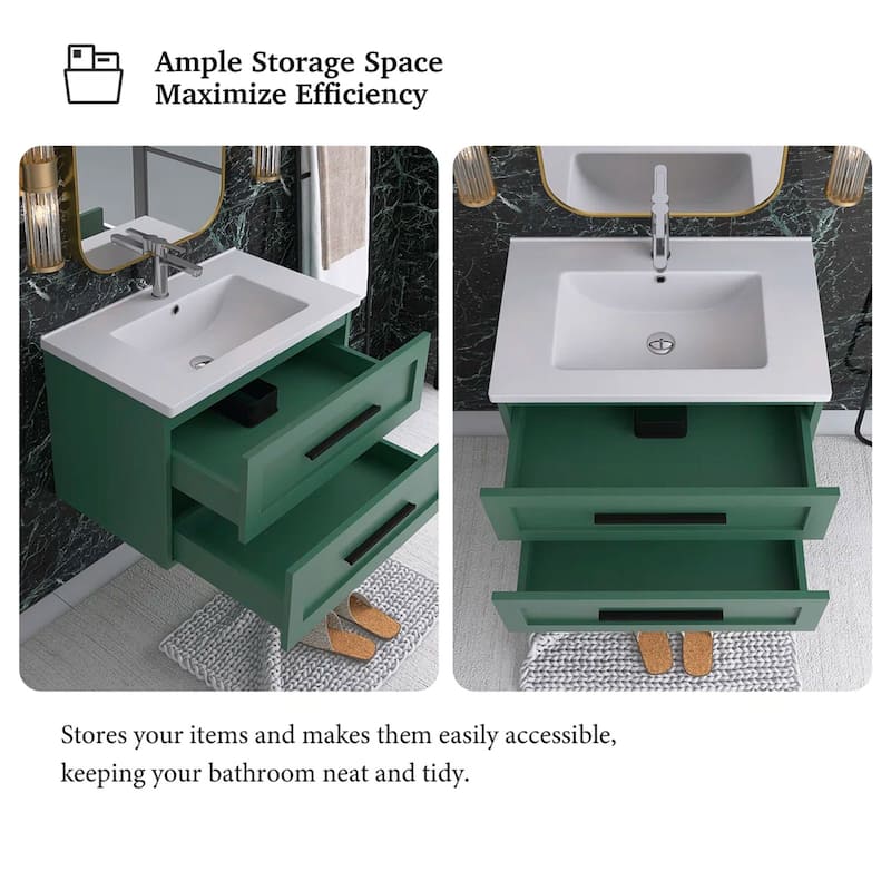 Wall-Mounted Bathroom Vanity in Green with White Ceramic Sink