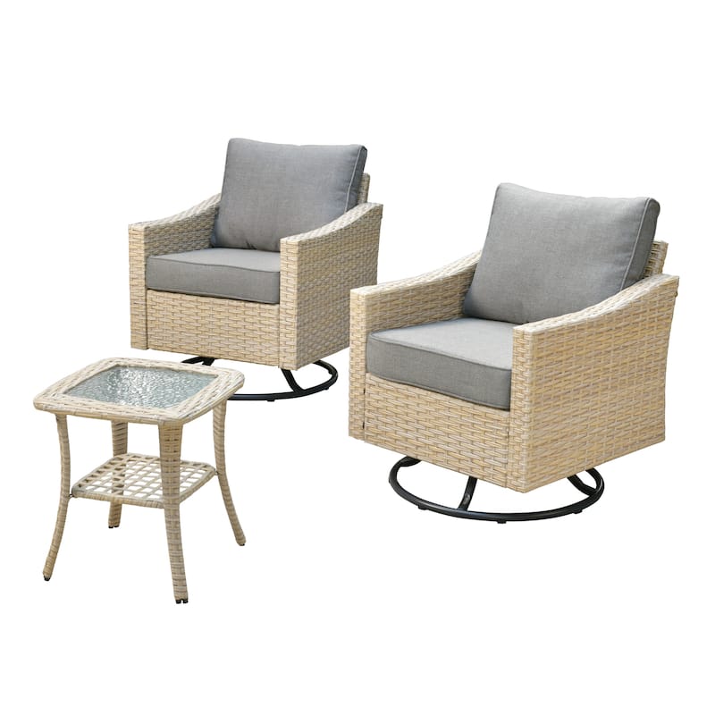HOOOWOOO 3-piece Rattan Patio Swivel Rocking Chair Set with Side Table