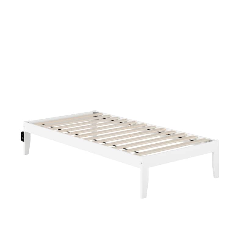 Twin Bed with USB Charger - White Finish, Simple Design, No Box Spring Needed, Strong Slat Kit Included