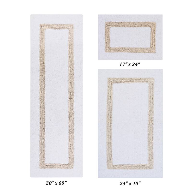 Better Trends Hotel Collection in Race Track 100% Cotton Super Absorbent Reversible Double Sided Machine Washable Bath Mat Rug - 3 Piece Set (17" x 24" | 24" x 40" | 20" x 60") - White & Sand