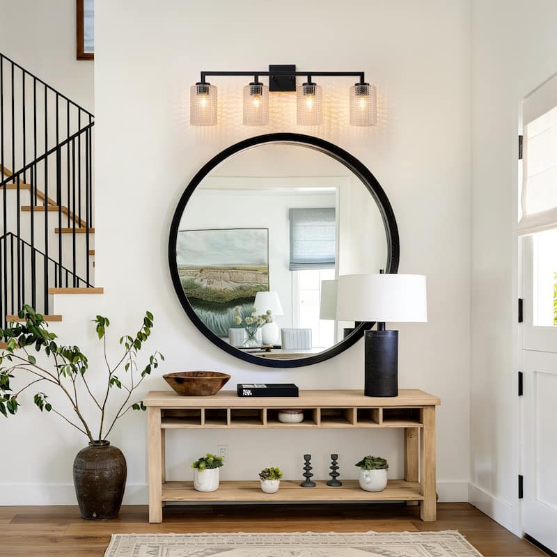 3/4-Light Modern Black Wall Sconce Bathroom Vanity Light with Grid Glass Shades