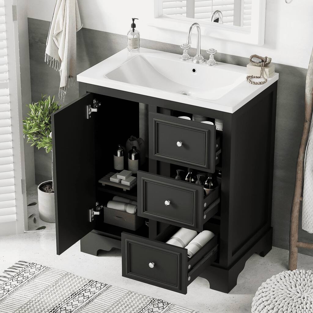 Modern 30" Bathroom Vanity Cabinet with Storage, Rectangular Ceramic Basin, and Soft-Close Design