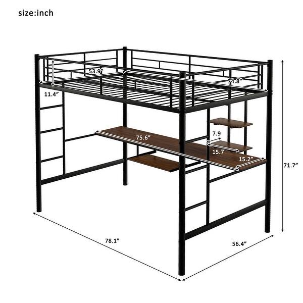 Full Loft Bed with Desk & Shelves, Black