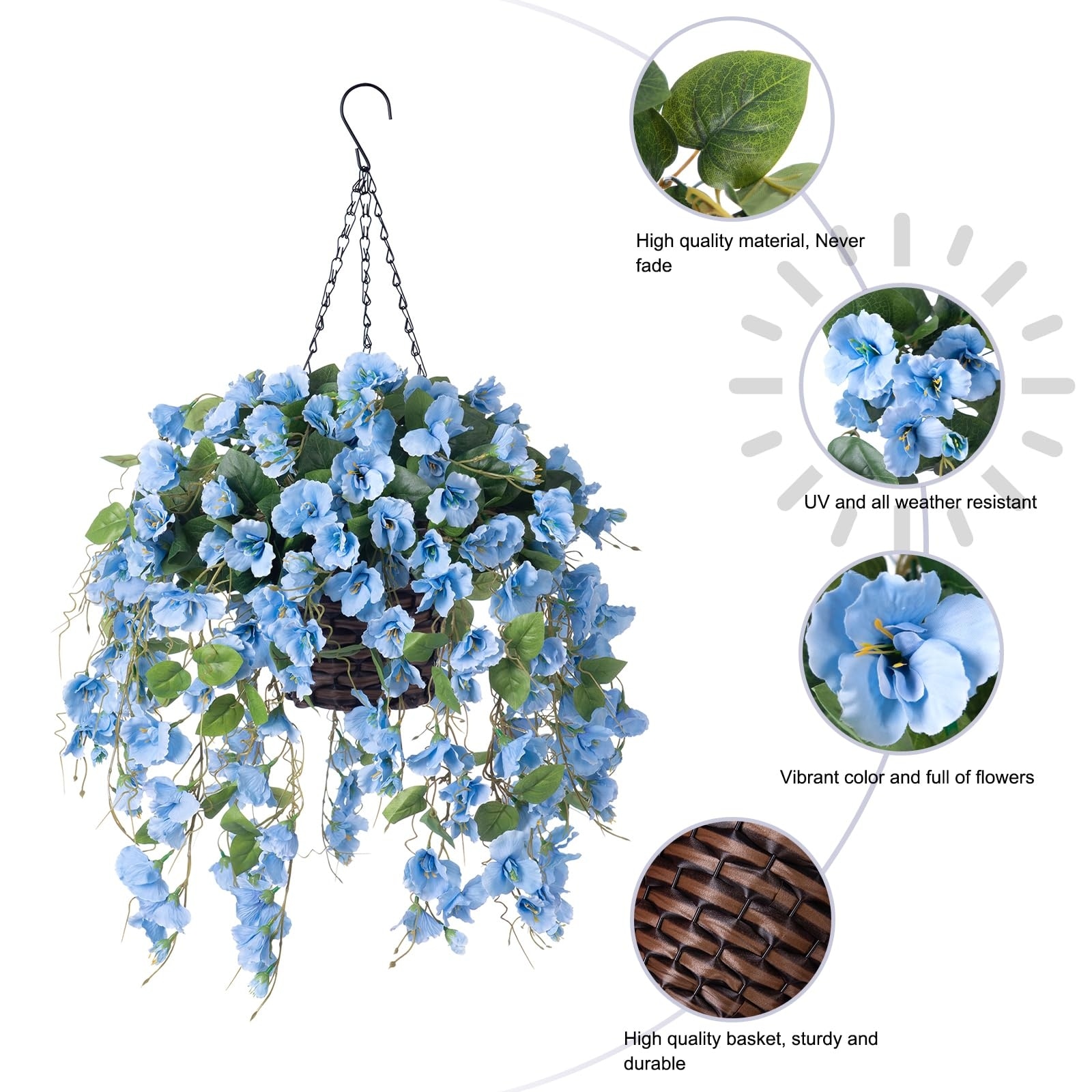 Artificial Fake Flowers Plants Hanging Baskets, Faux Silk Blue