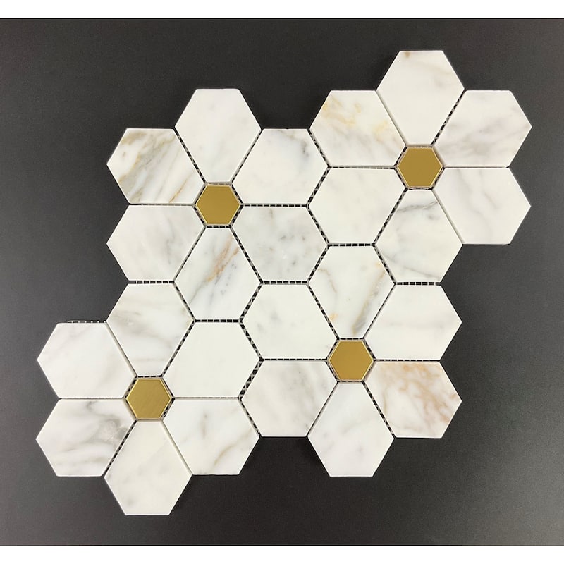 Flower Pattern Marble & Golde Metal Mosaic Tiles
