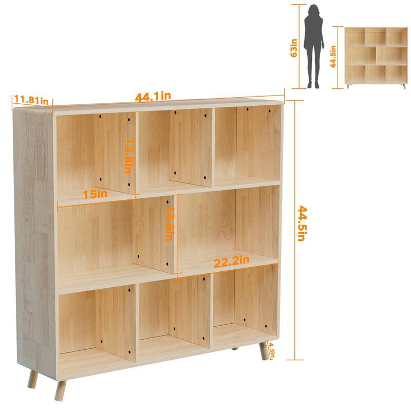 Pine Wood 8-Compartment Storage Cabinet, 44"L x44" H Fixed Shelves Organizer, Modern Wooden Bookcase, Multi-Compartment Cabinet