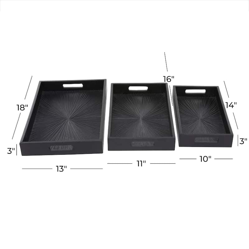 Mango Wood Starburst Carved Tray - Set of 3 Black - Roche River Decor - 13"W x 18"L x 3"H