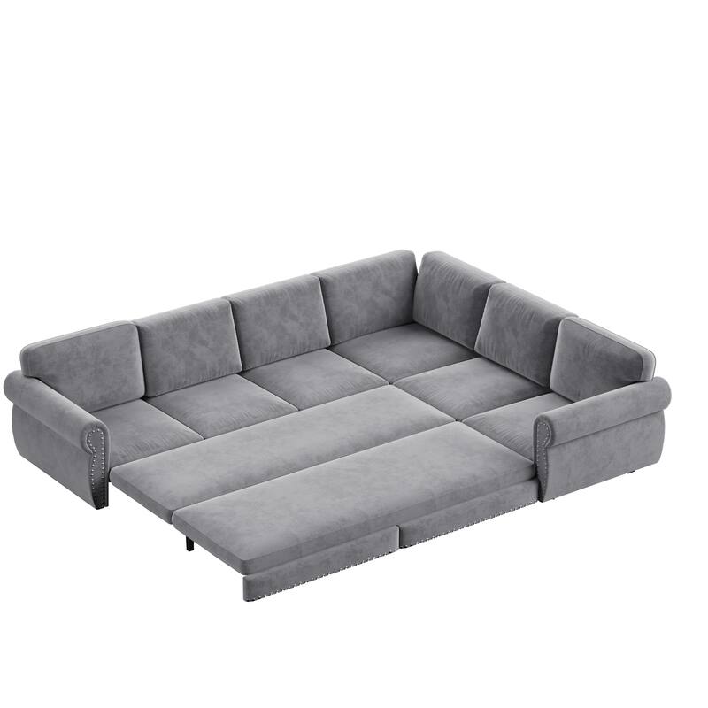 L-Shaped Sectional Sofa with Pull-Out Bed, Oversize Convertible Sleeper Sofa with Rolled Arms, Chenille Upholstery