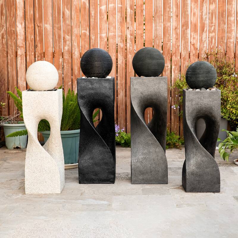 Glitzhome Modern Geometric Oversized Pedestal Sphere Polyresin Outdoor Floor Fountain with Pebbles