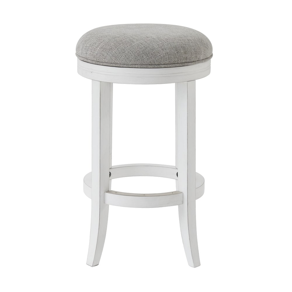 New Ridge Home Goods Avery White Wood Backless Swivel Bar Stool, Gray Fabric Seat