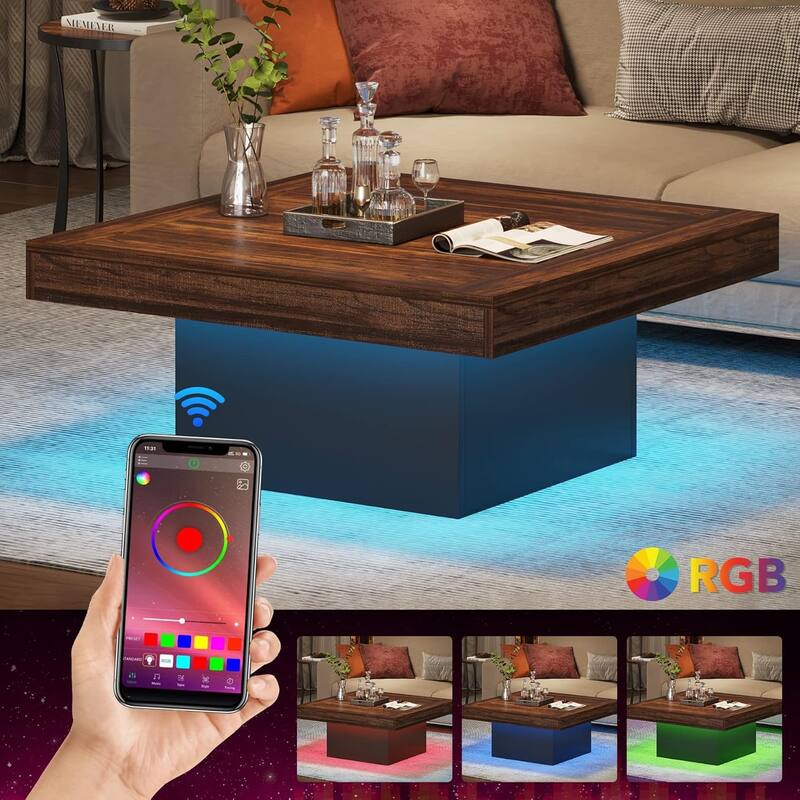 Modern Square LED Coffee Table, Low Center Table with Built-In Light for Living Room