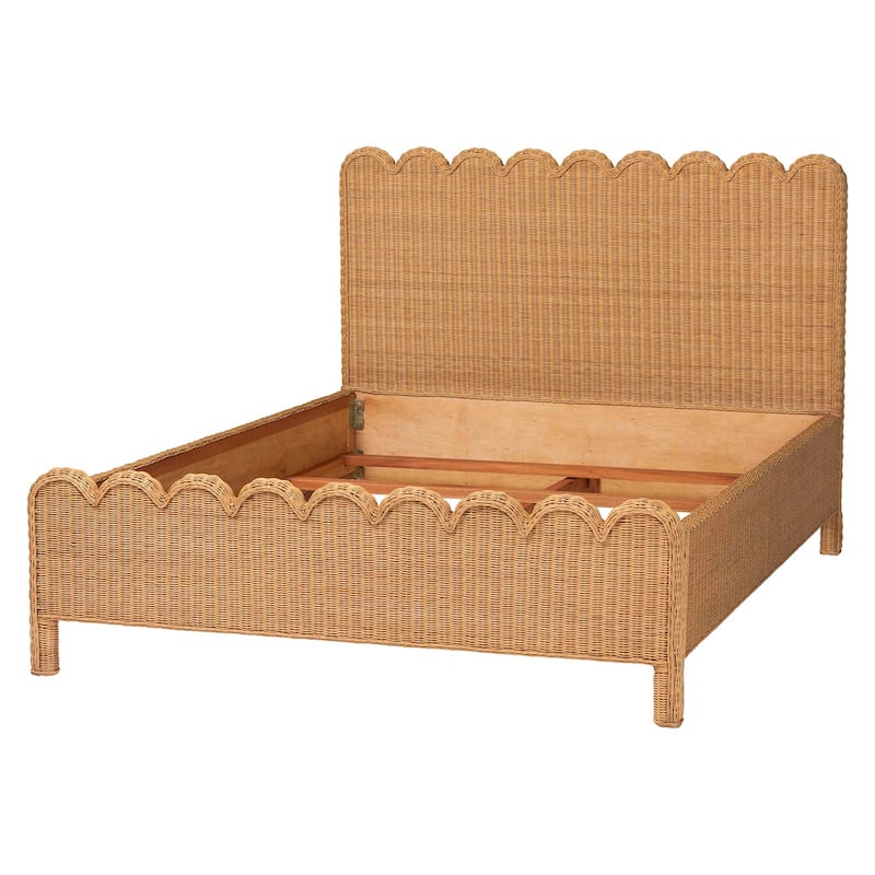 Maritza Scalloped Natural Rattan Bed Frame - Handwoven Wicker Headboard and Footboard with Decorative Edge Detail, Boho Coastal