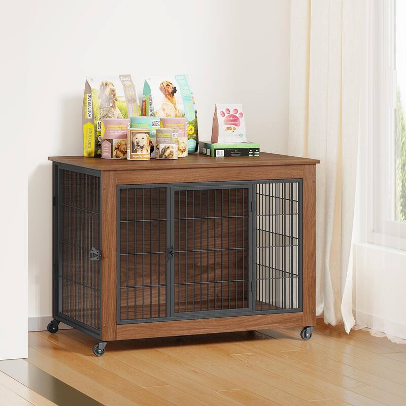 38.6" Dog Crate Furniture with Wheels for Small Dogs, Heavy Duty Dog Kennel Indoor with 2 Doors, Wooden Pet Cage End Table