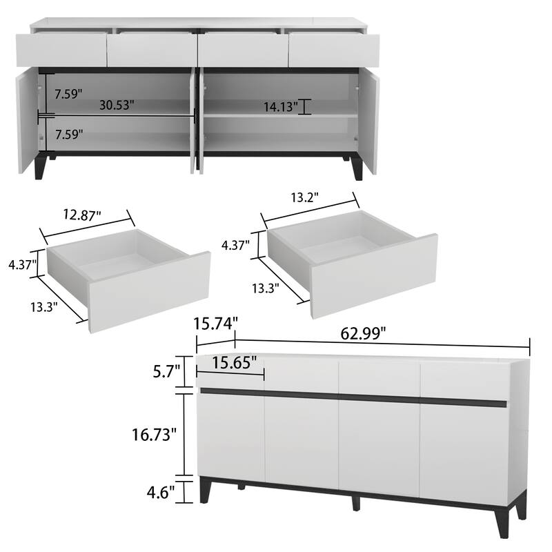 63"W Buffet Dresser Cabinet Console Table Sideboard 4 Door 4 Drawer - 62.99"W
