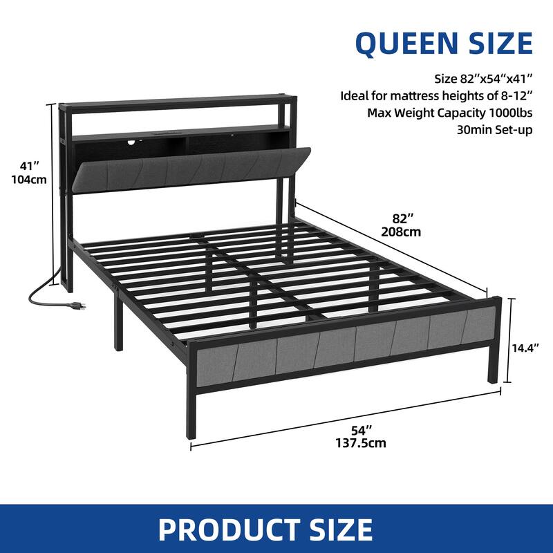 Storage Upholstered Platform Bed with LED Lighting Included and Built In USB Port