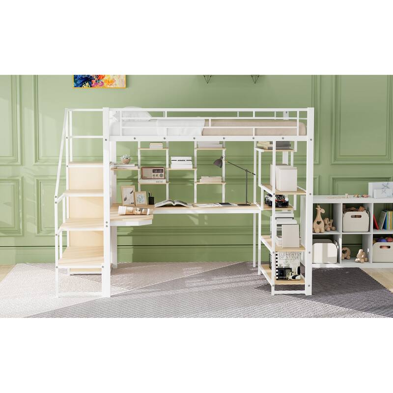Full Size Metal Loft Bed with Storage Staircase, Built-in Desk, Wardrobe, and Shelves, White