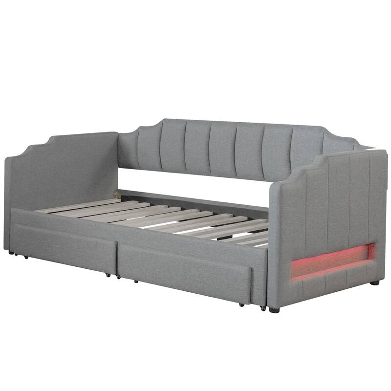Extendable Twin XL to King Upholstered Daybed with Storage Drawers and LED Light, Gray