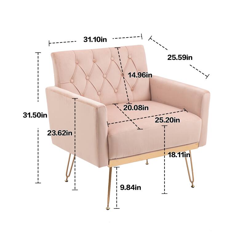 Velvet Upholstered Armchair Single Sofa Modern Tufted Reading Chairs Gold Metal Leg Wingback Chairs for Living Room Bedroom