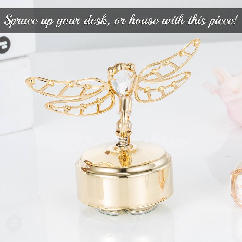 Matashi 24K Gold Plated Music Box Plays You Are My Sunshine w/ Crystals Studded Dragonfly Figurine Showpiece Christmas Gift
