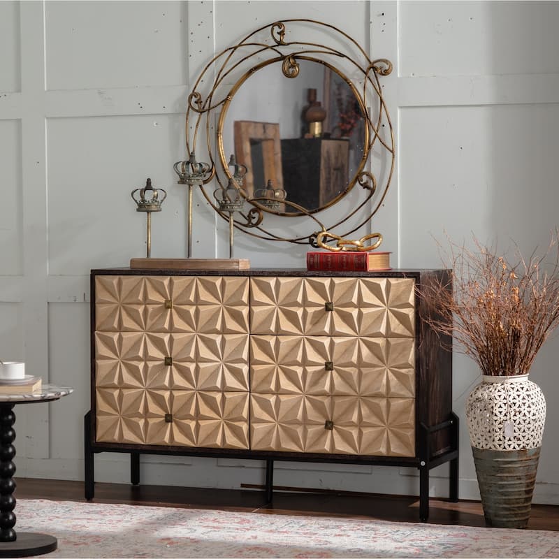 Roomfitters Solid Wood Sideboard Cabinet, Geometric Pattern Storage Console, Mid Century Modern Buffet for Living Room, Natural