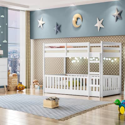 Themes and Rooms Twin Over Twin Solid Wood Low Loft Bunk Bed with Guardrail