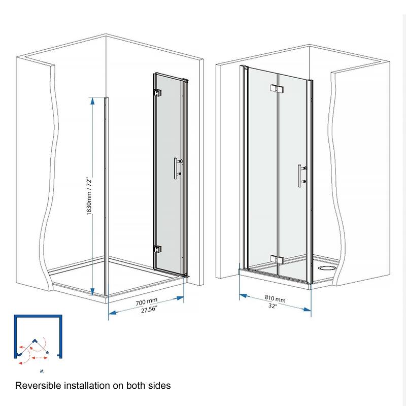 33-32 "x 72" Bifold Shower Door, 1/4"(6mm) Tempered Glass, Chrome Aluminum Frame, Explosion Proof Film