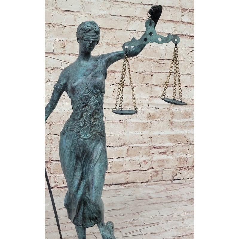 Blind Lady Justice Bronze Statue Sculpture Green Patina Oxidized Aged 19 Inches X 12 Inches