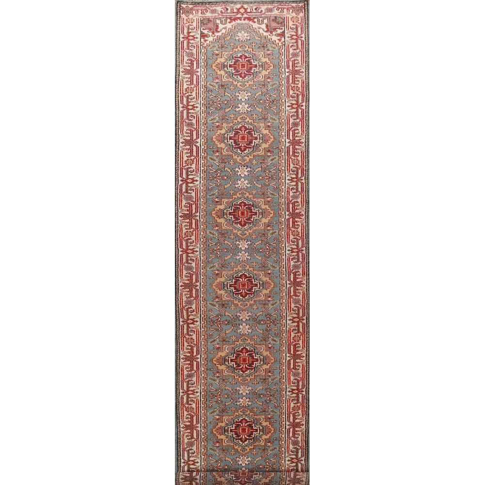 Light Blue Geometric Heriz Serapi Runner Rug Handmade Wool Carpet - 2'8"x 15'9"