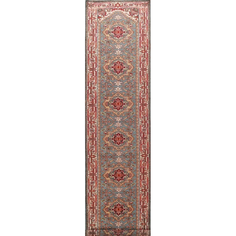 Light Blue Geometric Heriz Serapi Runner Rug Handmade Wool Carpet - 2'8"x 15'9"