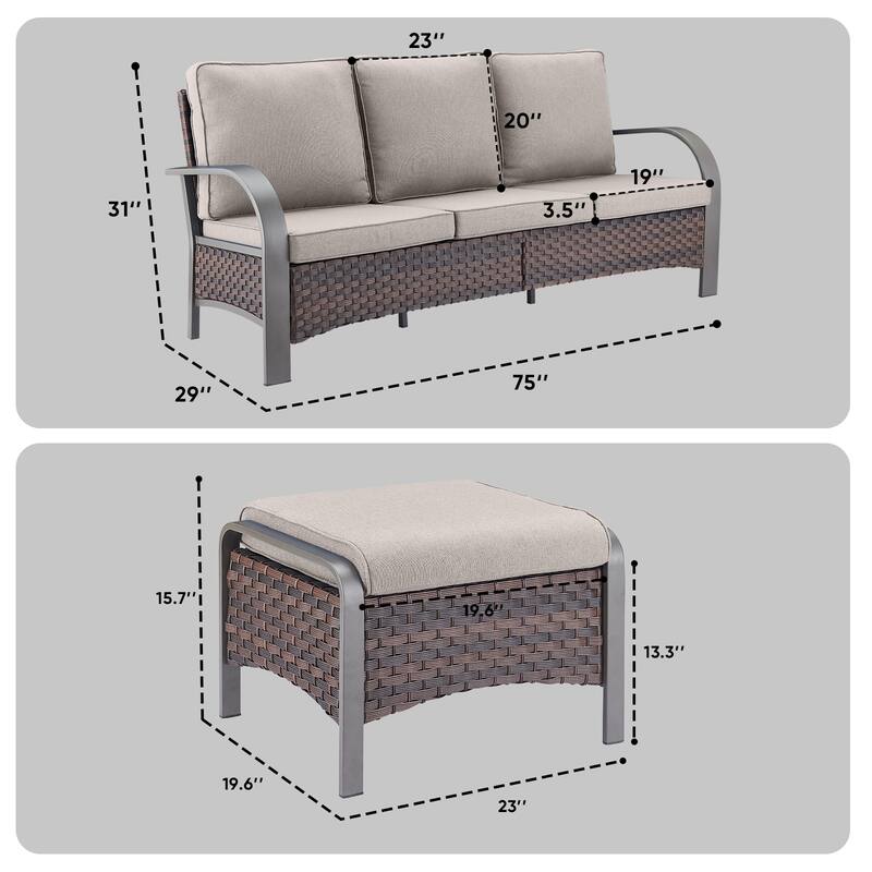 Outdoor 3 Seater Sofa with Ottoman Patio Furniture Set