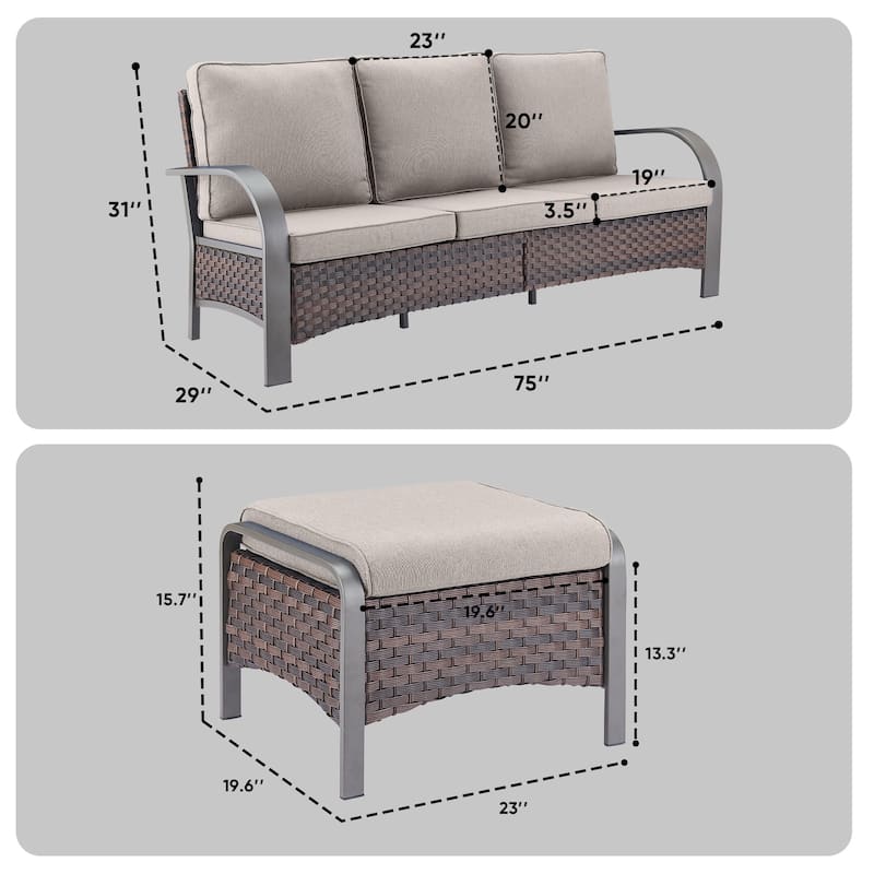 Pocassy Outdoor Patio Sofa Chairs Ottoman Set Funiture