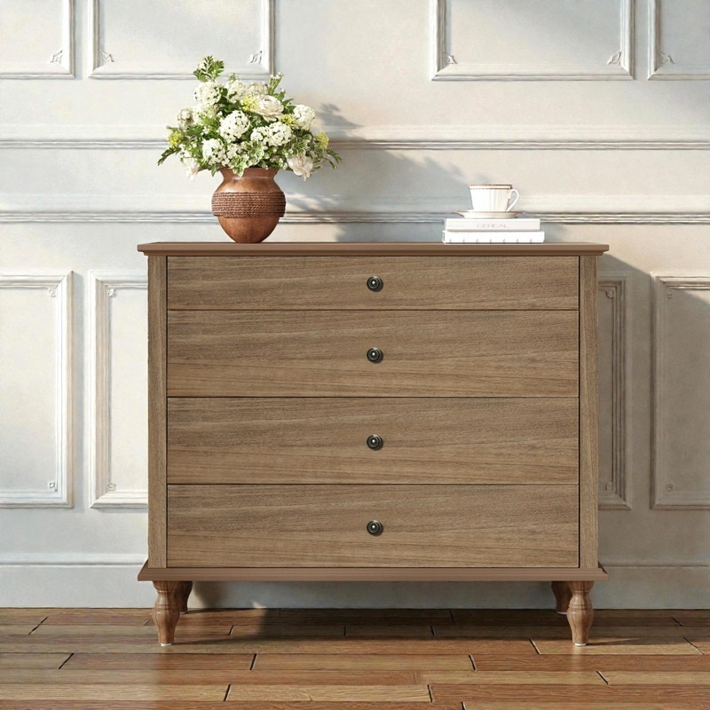 Large 4-Drawer Wood Dresser with Solid Wood Feet, Brown Finish & Metal Knobs, Antique Storage Chest