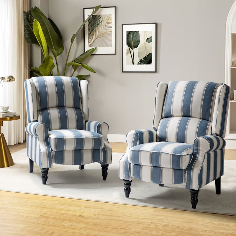 Olympus Upholstered Classic Manual Wingback Recliner with Solid Wood Legs Set of 2 by HULALA HOME - STRIPE NAVY