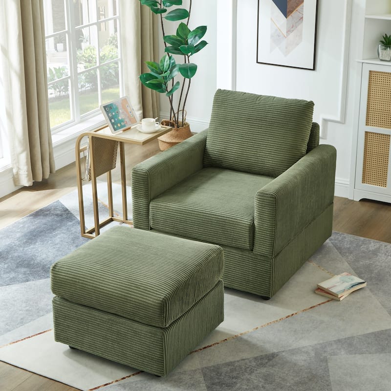 Classic Corduroy Chaise Lounge Accent Chair with Ottoman